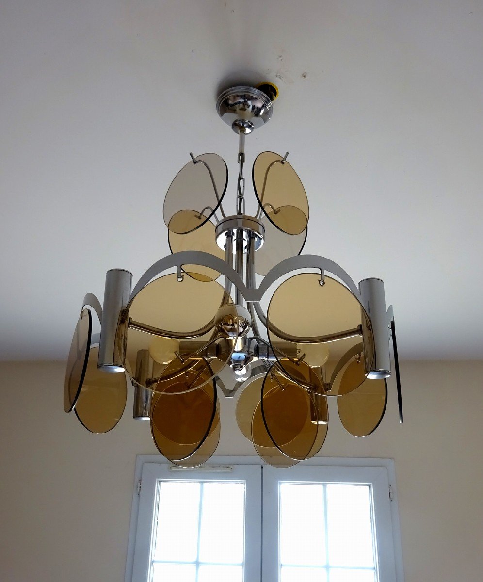 Mid-century, Lighting Vintage Sixties 60s, Chromed Metal Frame And Smoked Glass Discs