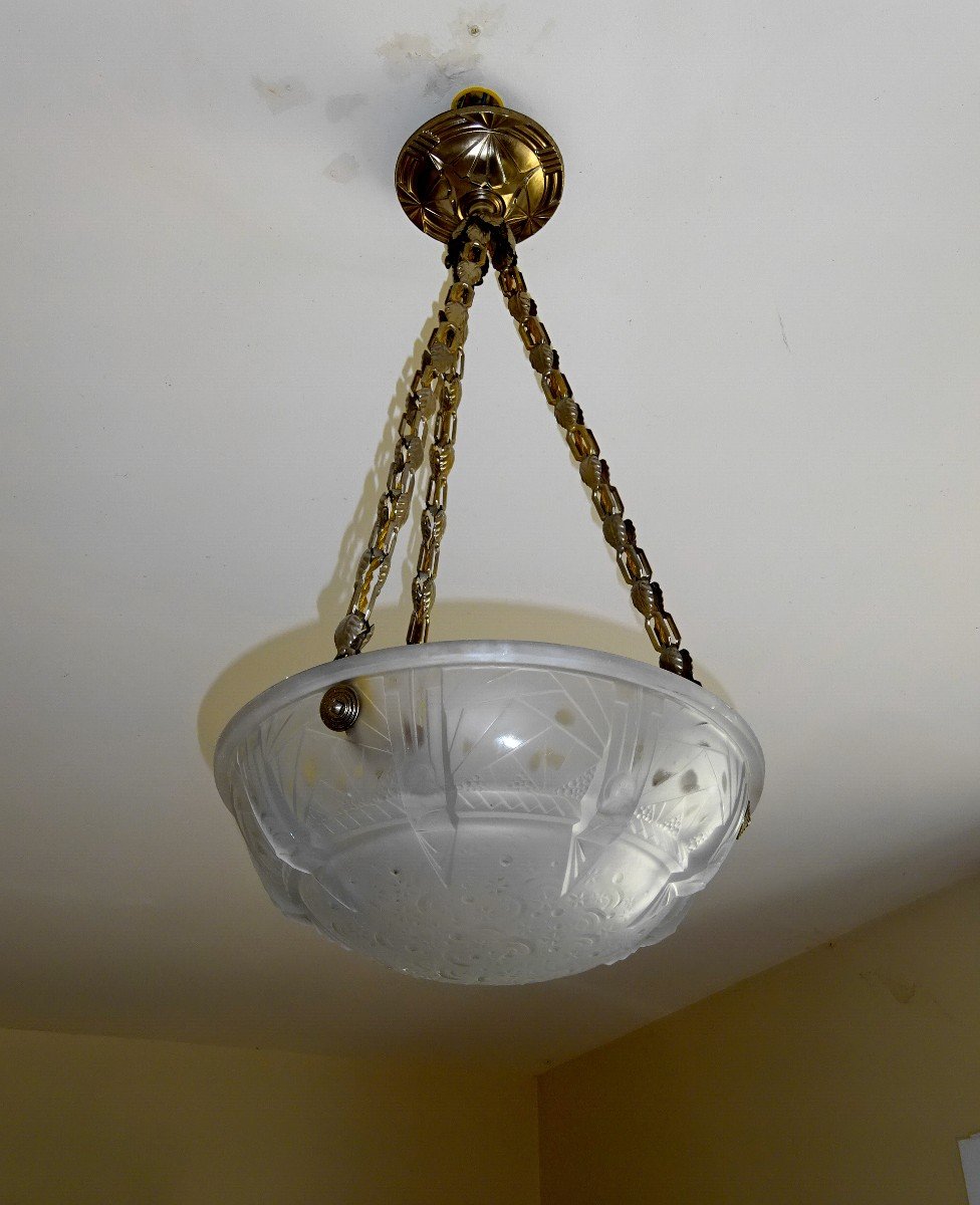 Luminaire Lustre ou Suspension en Verre Moulé-Pressé, Signé Muller Frères Lunéville, Epoque Art-déco, Vers 1925-photo-4