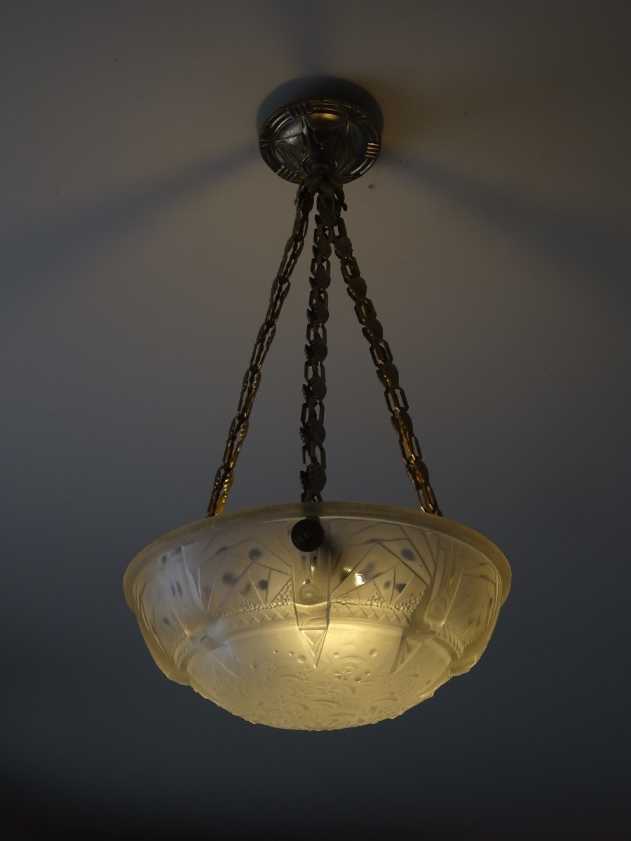 Luminaire Lustre ou Suspension en Verre Moulé-Pressé, Signé Muller Frères Lunéville, Epoque Art-déco, Vers 1925-photo-1