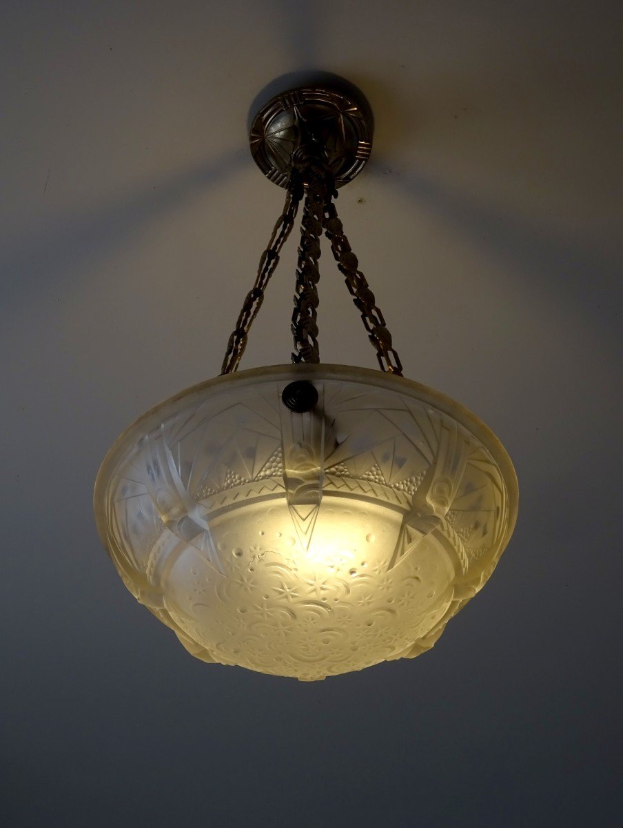 Muller Lunéville Frères, Chandelier Or Suspension In Moulded-braced Glass, Art-deco Period, Circa 1925-photo-2