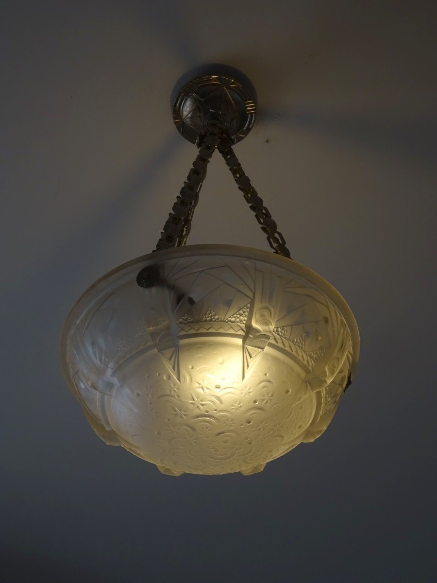 Luminaire Lustre ou Suspension en Verre Moul&eacute;-Press&eacute;, Sign&eacute; Muller Fr&egrave;res Lun&eacute;ville, Epoque Art-d&eacute;co, Vers 1925-photo-3