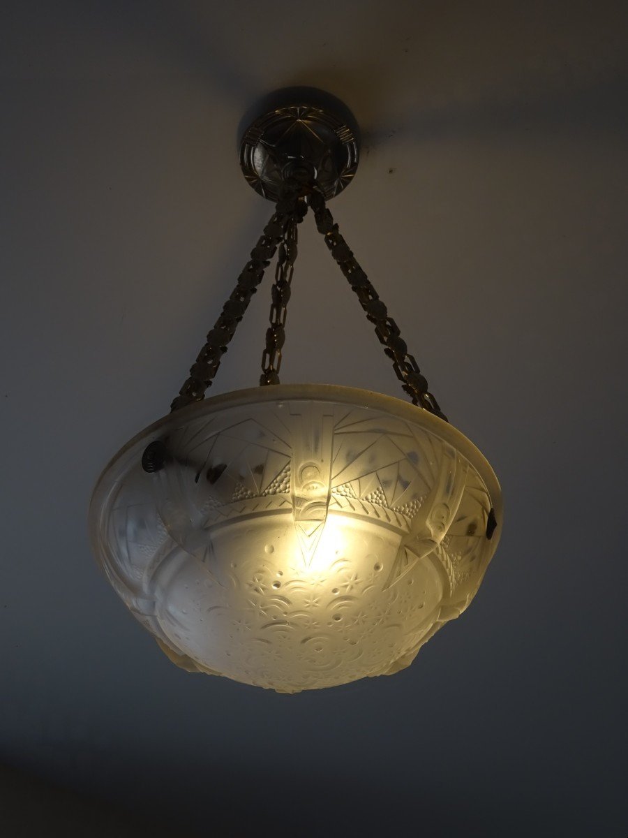 Luminaire Lustre ou Suspension en Verre Moul&eacute;-Press&eacute;, Sign&eacute; Muller Fr&egrave;res Lun&eacute;ville, Epoque Art-d&eacute;co, Vers 1925-photo-4