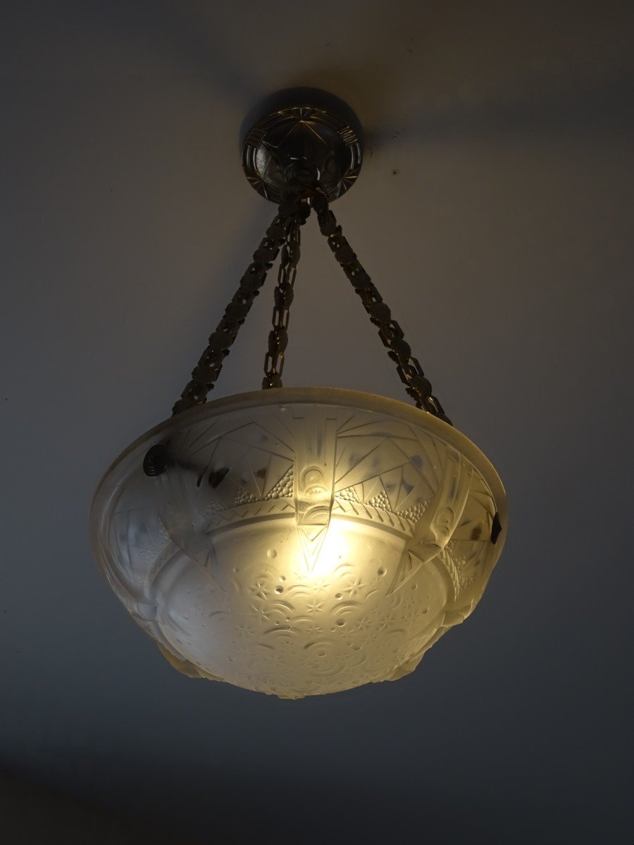 Luminaire Lustre ou Suspension en Verre Moulé-Pressé, Signé Muller Frères Lunéville, Epoque Art-déco, Vers 1925-photo-4