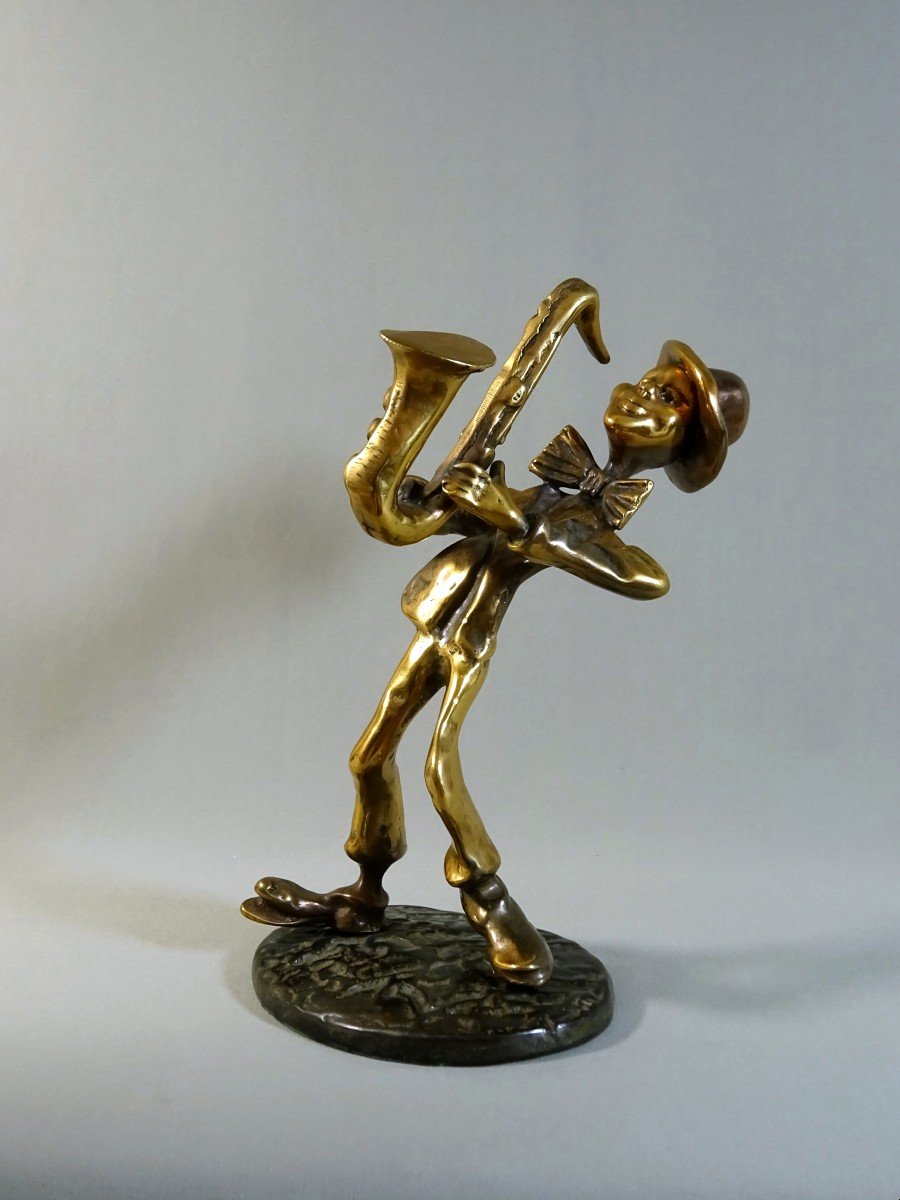 Yves Lohé, Statuette ou Sculpture en Bronze, Musicien Le Saxophoniste, Joueur De Saxophone, XXème Siècle, Signée-photo-2