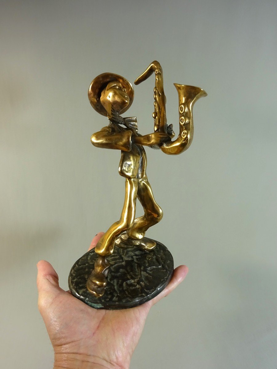 Yves Lohé, Statuette ou Sculpture en Bronze, Musicien Le Saxophoniste, Joueur De Saxophone, XXème Siècle, Signée-photo-6
