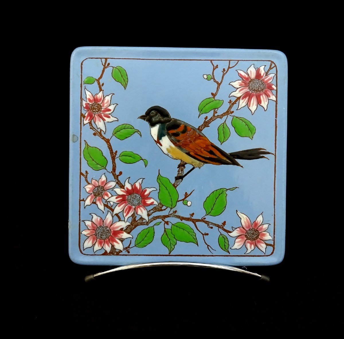 Emaux De Longwy, Epoque Art Déco, Deux Carreaux à Décor d'Oiseaux Branchés, Formant Sous-plat-photo-2