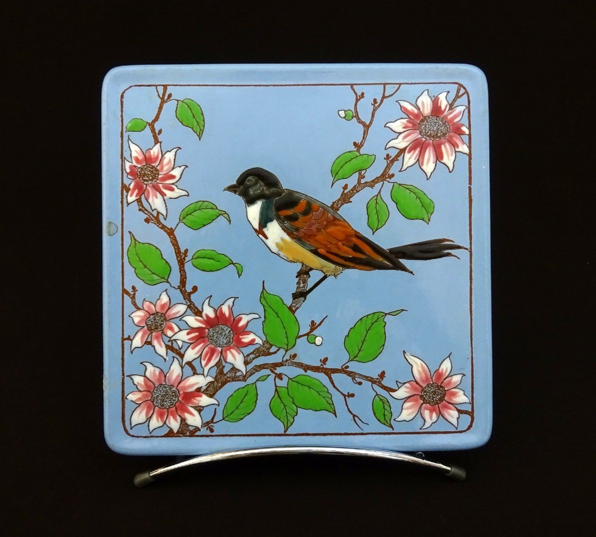 Emaux De Longwy, Epoque Art Déco, Deux Carreaux à Décor d'Oiseaux Branchés, Formant Sous-plat-photo-4