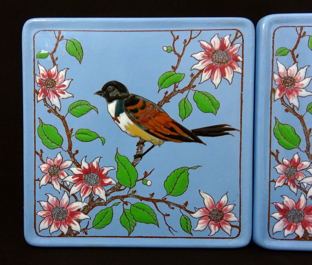 Emaux De Longwy, Epoque Art Déco, Deux Carreaux à Décor d'Oiseaux Branchés, Formant Sous-plat-photo-5