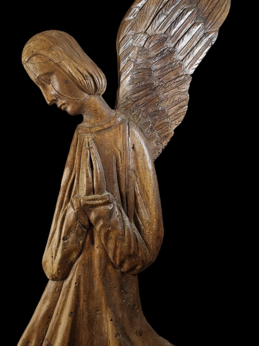 Sculpture d'Applique en Bois, Fin du XVIIeme, Début XVIIIeme Siècle, Sujet Religieux Figurant un Ange sur un Nuage-photo-2