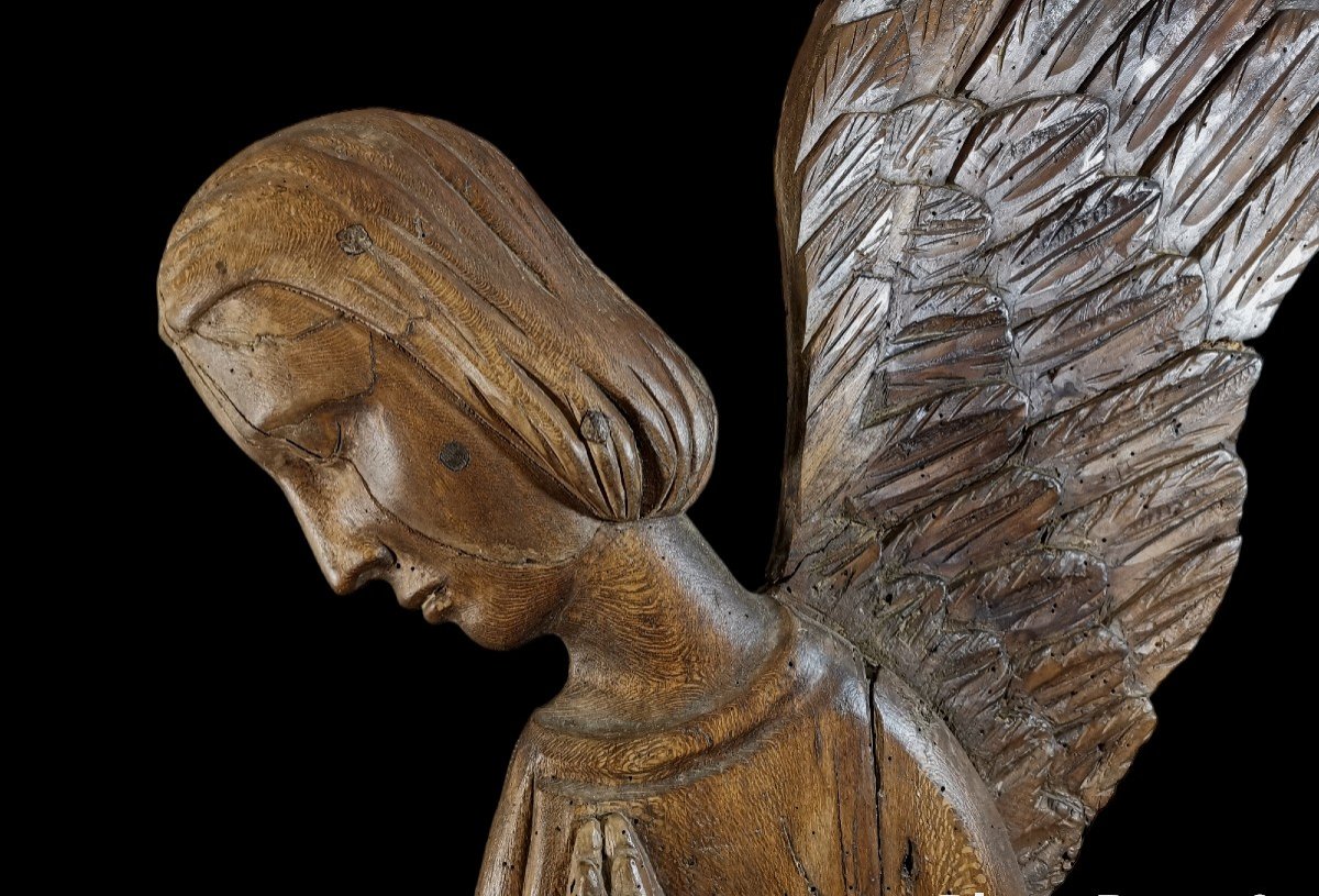 Sculpture d'Applique en Bois, Fin du XVIIeme, Début XVIIIeme Siècle, Sujet Religieux Figurant un Ange sur un Nuage-photo-2