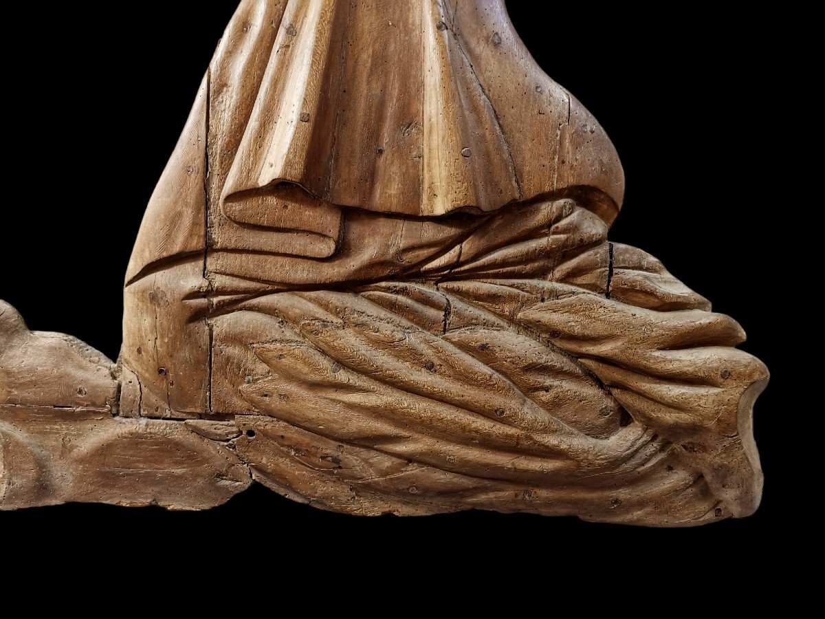Sculpture d'Applique en Bois, Fin du XVIIeme, Début XVIIIeme Siècle, Sujet Religieux Figurant un Ange sur un Nuage-photo-3