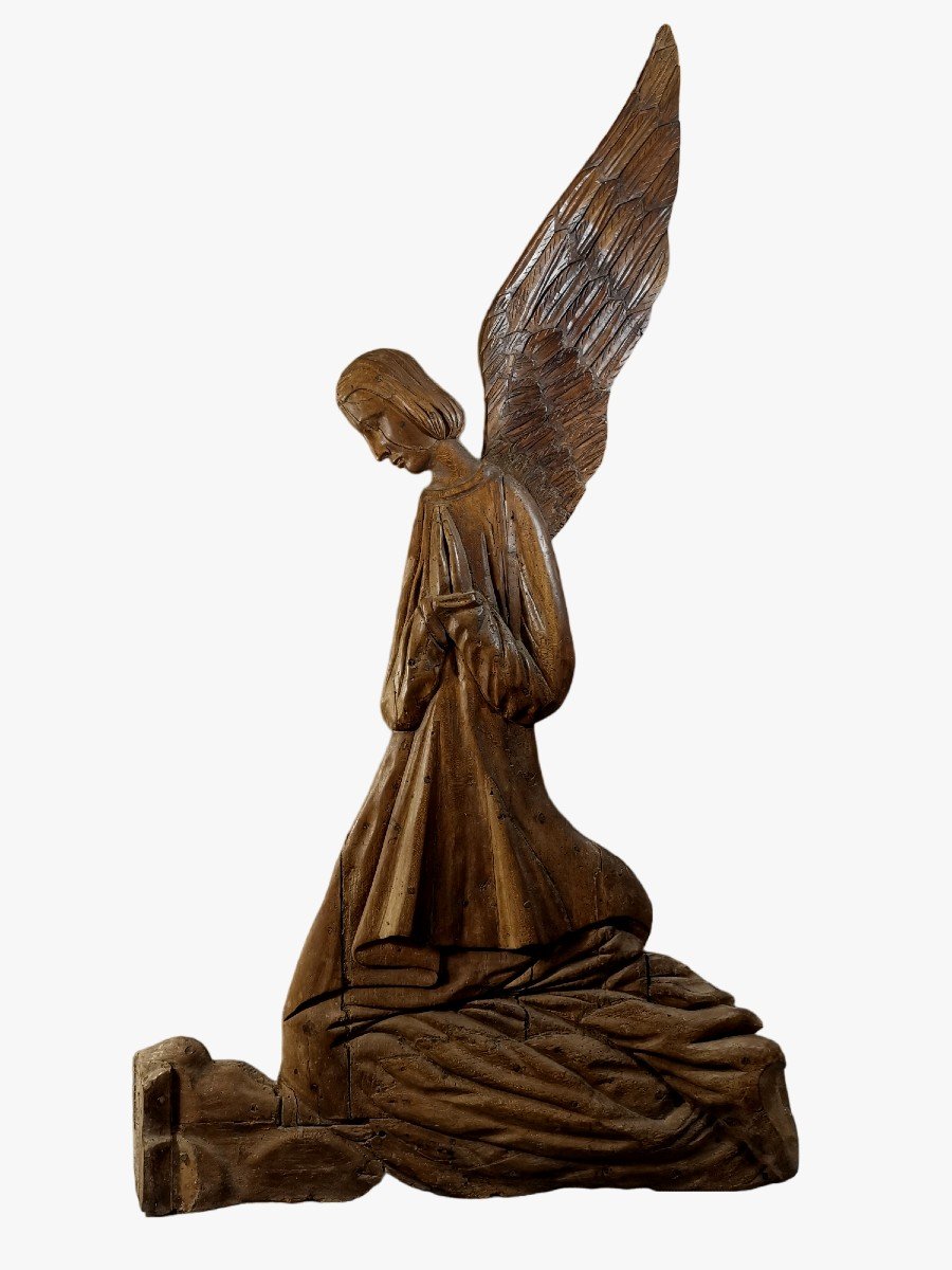 Sculpture d'Applique en Bois, Fin du XVIIeme, Début XVIIIeme Siècle, Sujet Religieux Figurant un Ange sur un Nuage-photo-8
