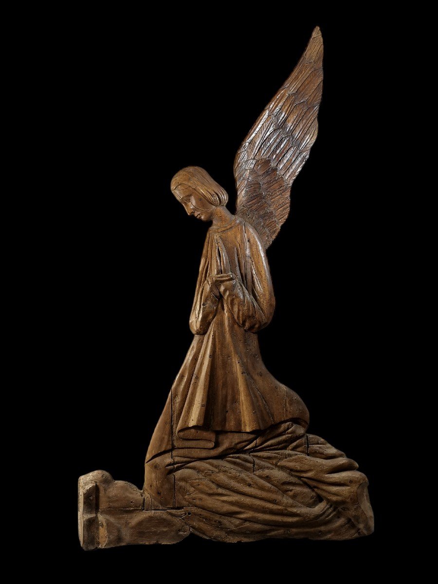 Sculpture d'Applique en Bois, Fin du XVIIeme, Début XVIIIeme Siècle, Sujet Religieux Figurant un Ange sur un Nuage