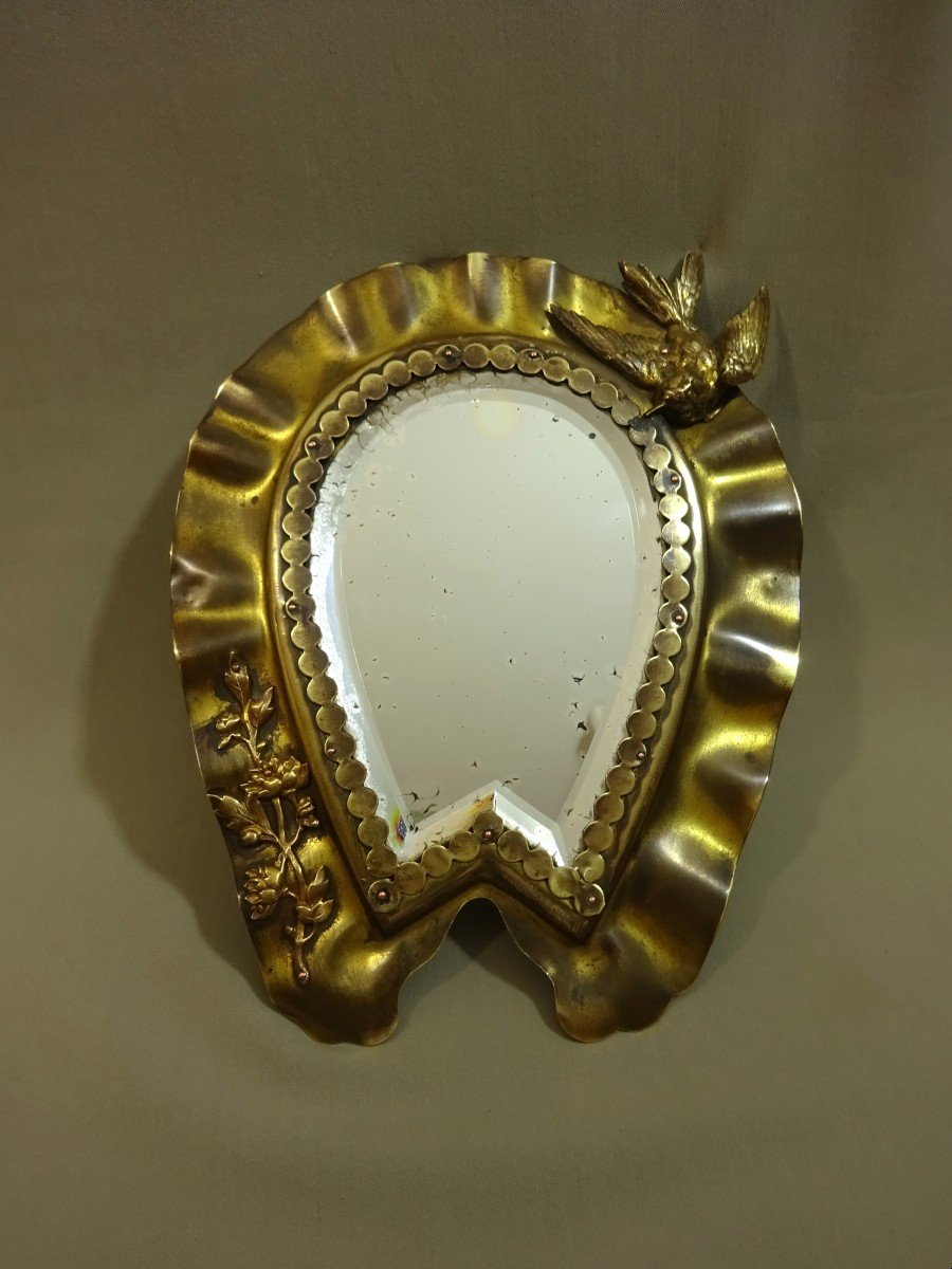 Miroir Mouvementé Du 19e Siècle En Laiton Doré aux Motifs En Applique De Fleurs et d'un Oiseau-photo-4