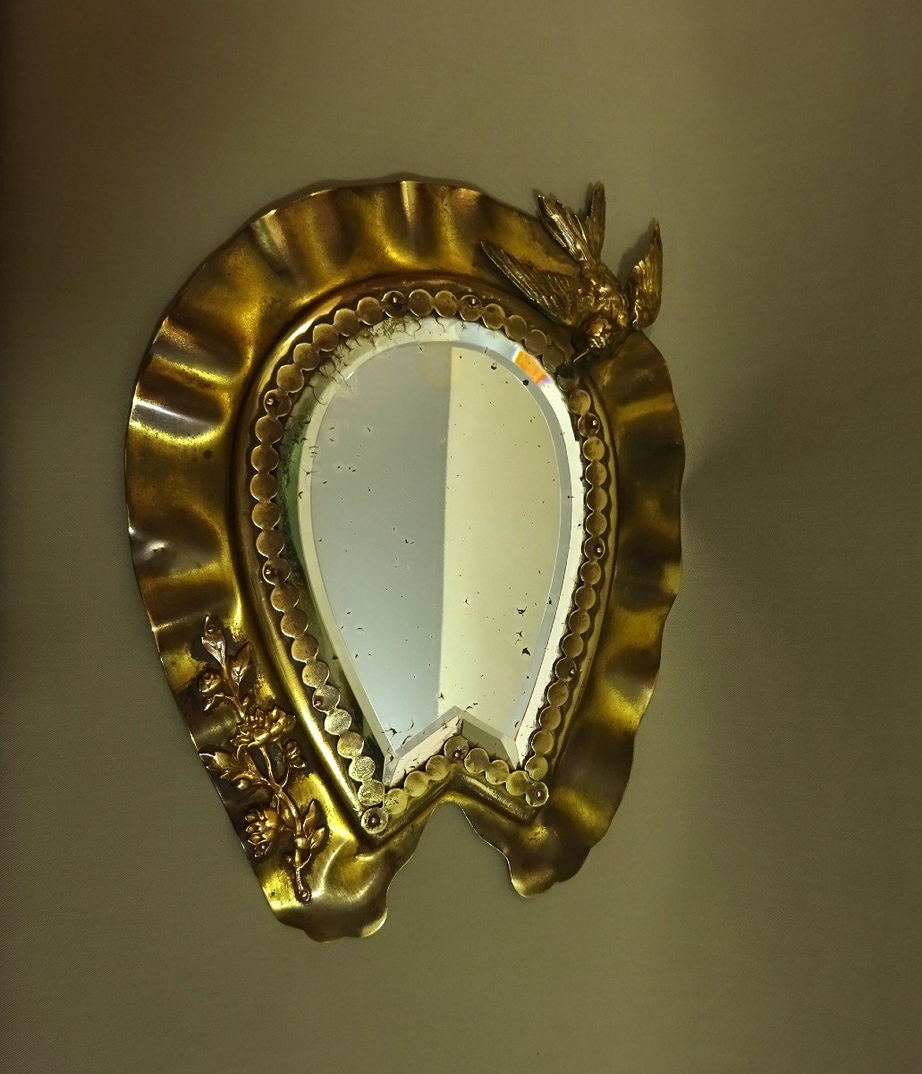 Miroir Mouvementé Du 19e Siècle En Laiton Doré aux Motifs En Applique De Fleurs et d'un Oiseau-photo-7