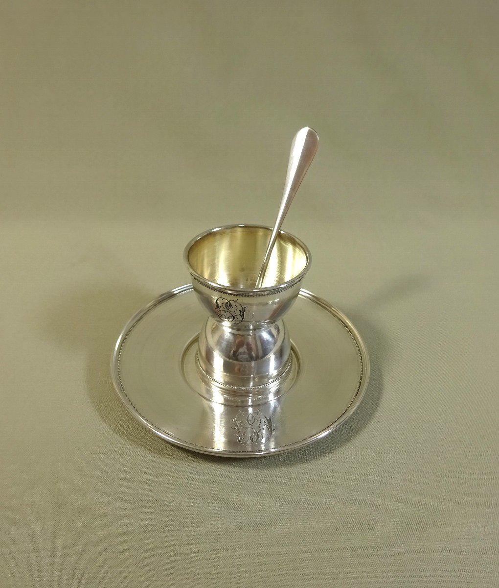 Egg Cup In Silver Minerva, Accompanied By Its Original Stick And Small Spoon.-photo-2