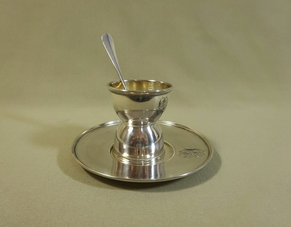 Egg Cup In Silver Minerva, Accompanied By Its Original Stick And Small Spoon.-photo-3