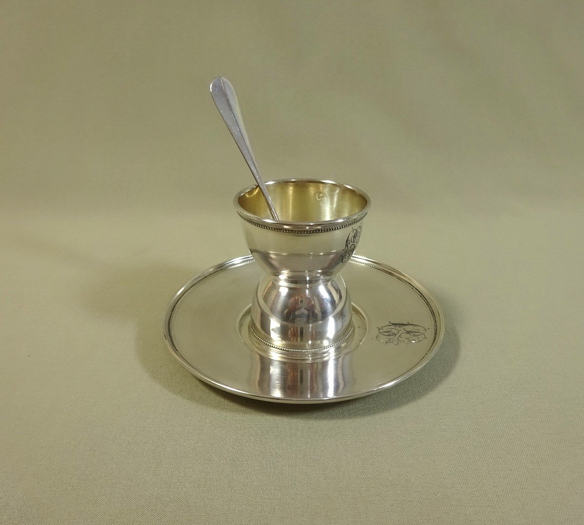 Egg Cup In Silver Minerva, Accompanied By Its Original Stick And Small Spoon.-photo-4