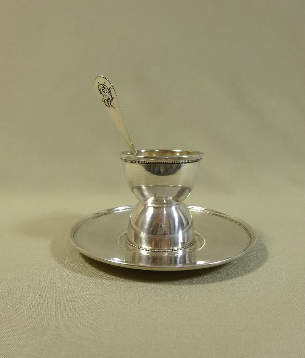 Egg Cup In Silver Minerva, Accompanied By Its Original Stick And Small Spoon.-photo-1