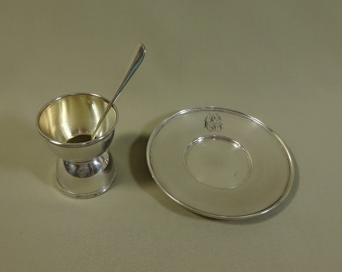 Egg Cup In Silver Minerva, Accompanied By Its Original Stick And Small Spoon.-photo-3