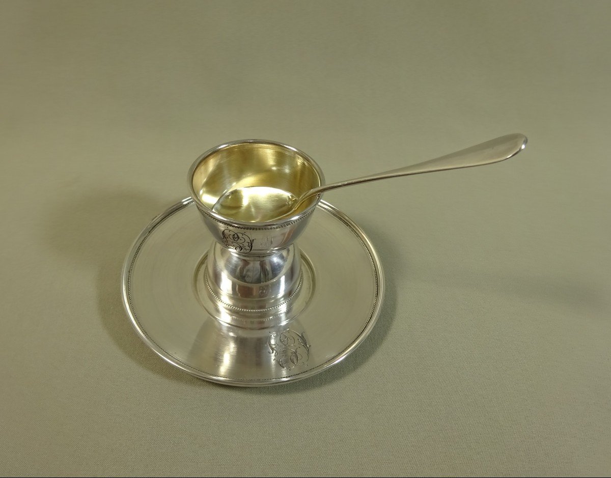 Egg Cup In Silver Minerva, Accompanied By Its Original Stick And Small Spoon.-photo-8