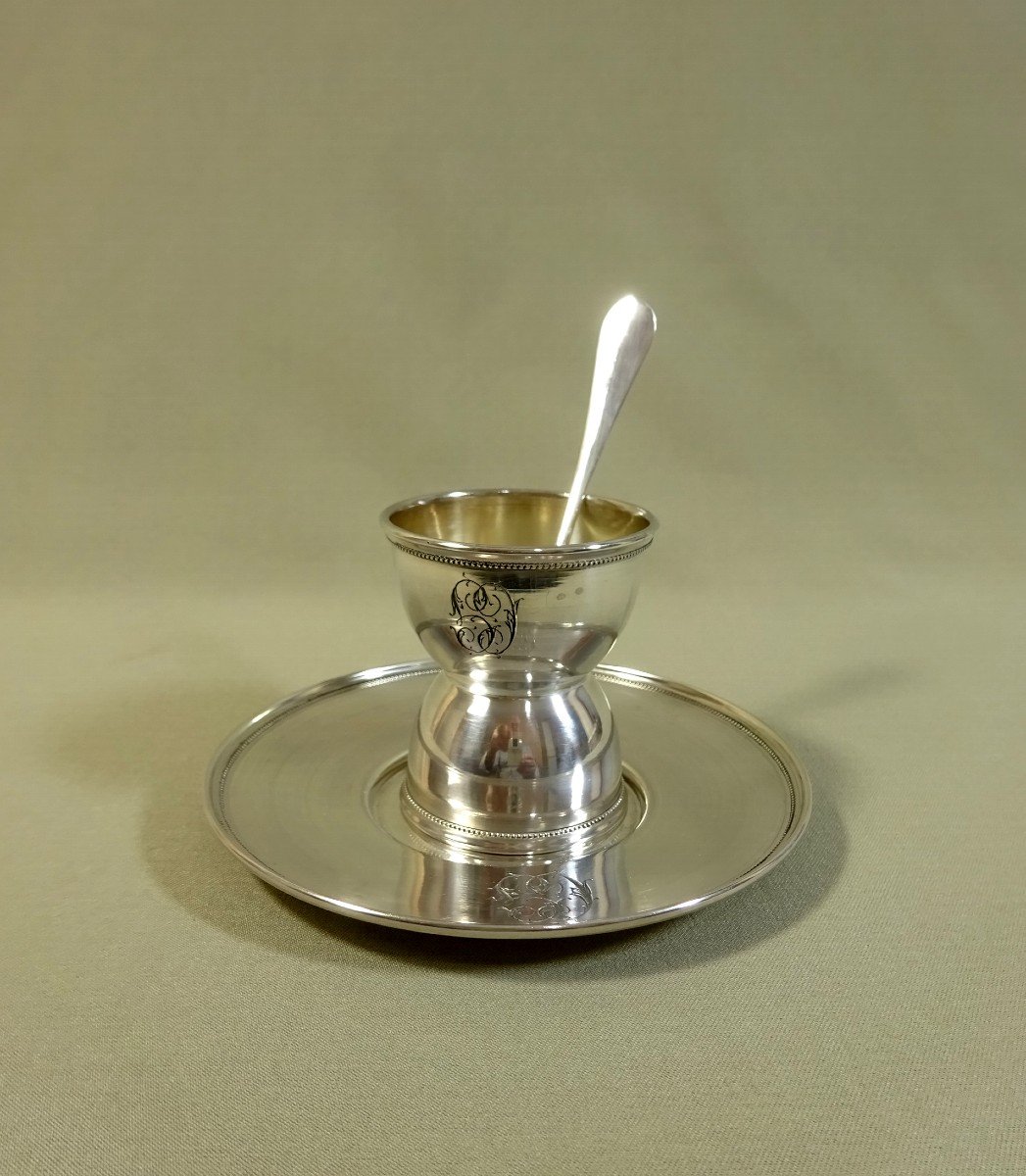 Egg Cup In Silver Minerva, Accompanied By Its Original Stick And Small Spoon.