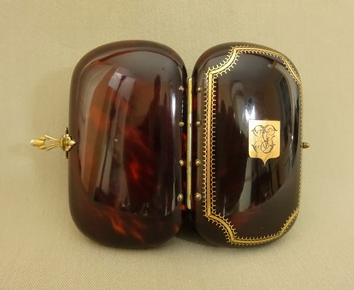 19th Century Tortoiseshell, Silver, Gold-inlaid Case With Interior Fabric Pockets-photo-4