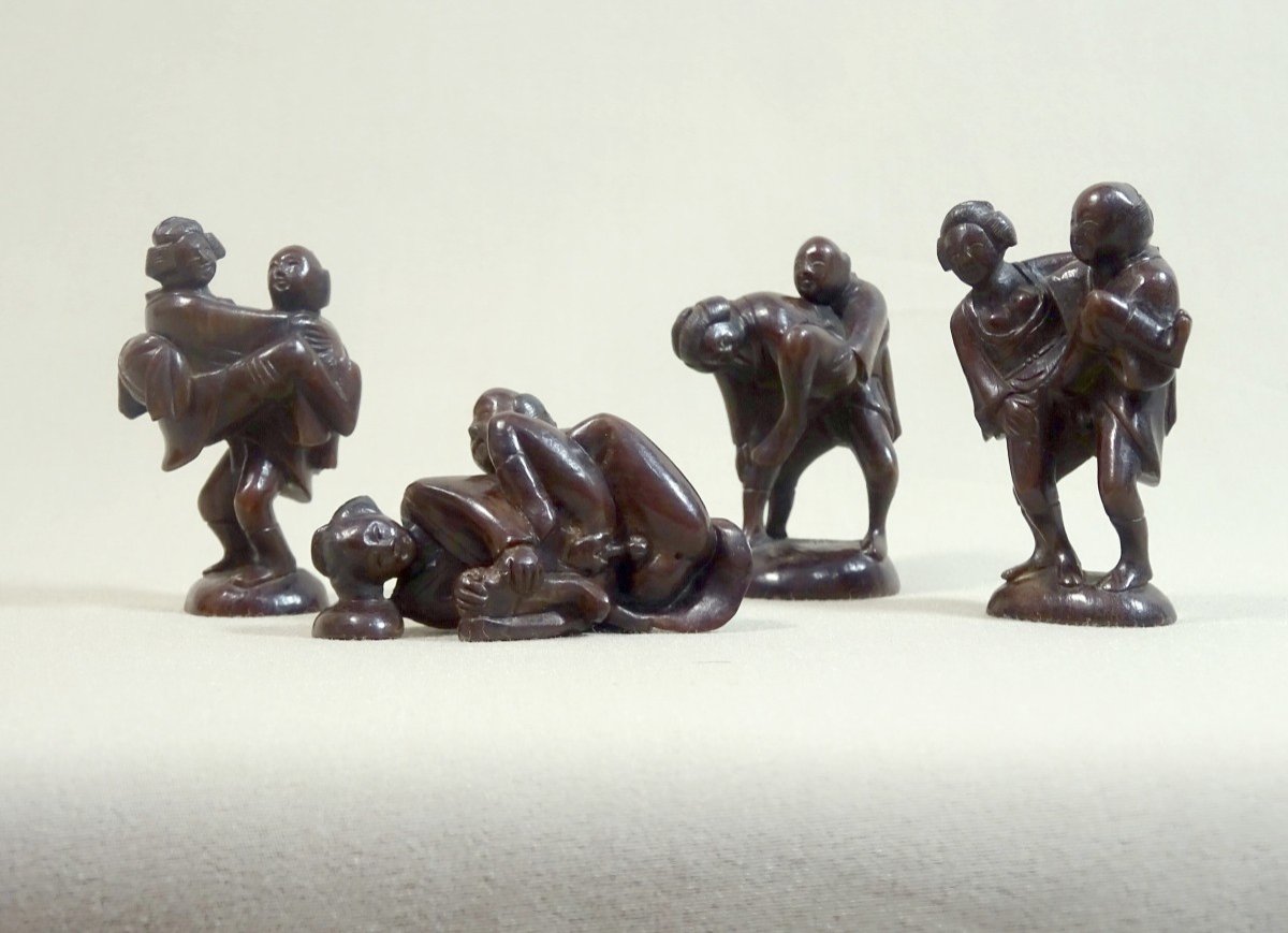 Japan, By Gyokusho, Signed Gyokusho 玉昇, 4 Erotic Netsuke, Curiosa In Carved Wood,  19th Mid-century, Meiji Period