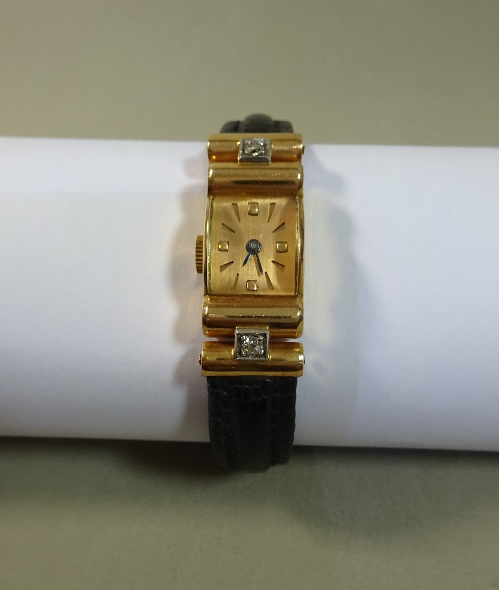 Uti, Utinam,tank Watch In 18ct Gold & Diamonds, Beautiful Singular Model, Circa 1940, In Good Condition-photo-2
