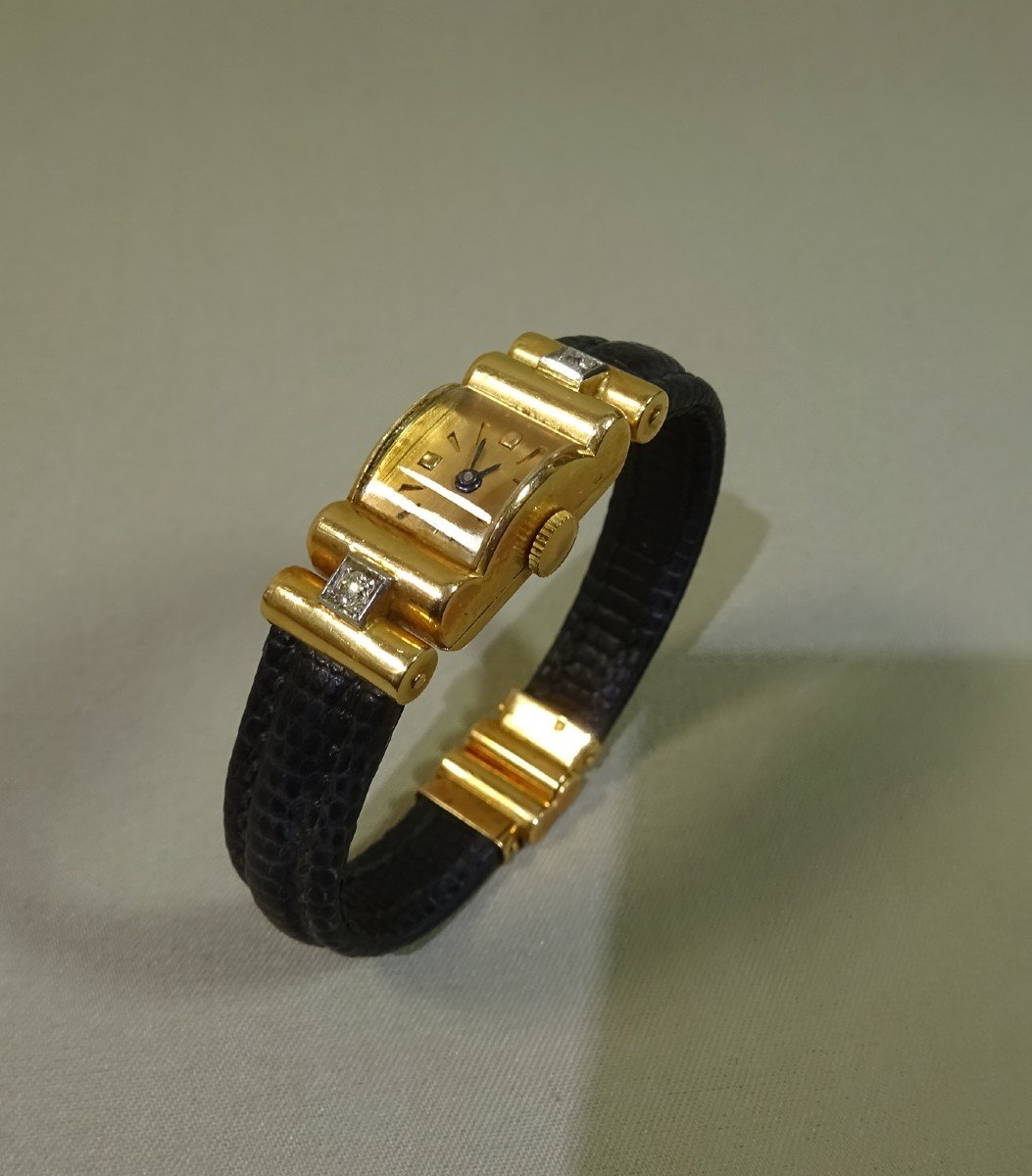 Uti, Utinam,tank Watch In 18ct Gold & Diamonds, Beautiful Singular Model, Circa 1940, In Good Condition-photo-5