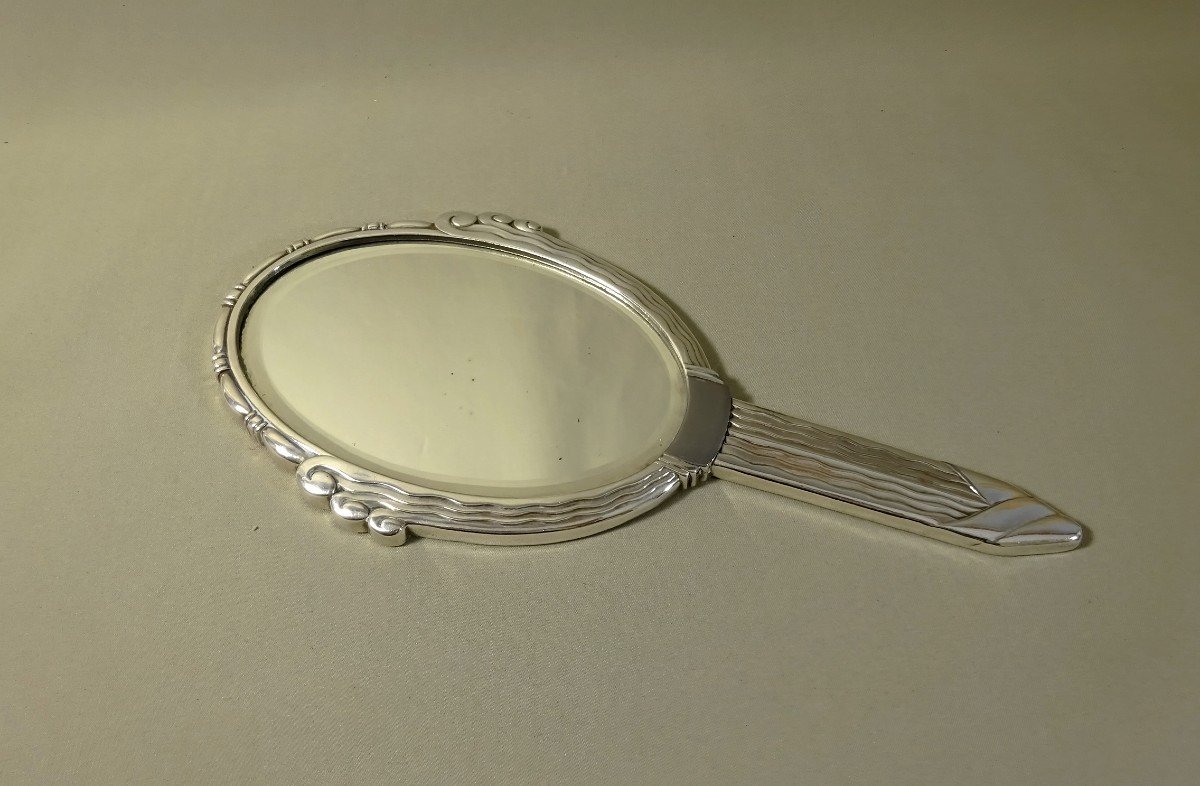 Beautiful Singular Model Of Art Deco Hand-faced Mirror, Circa 1925-30, In Silver Metal-photo-3