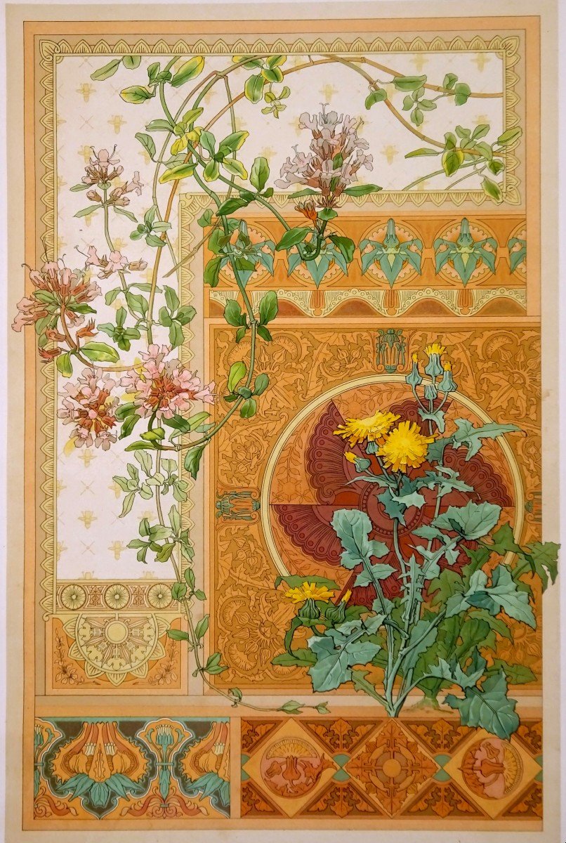 G. Lebart Art Nouveau, La Décoration Florale Album Complet de ses 12 Grandes Planches couleurs & Or Lithographiées-photo-2