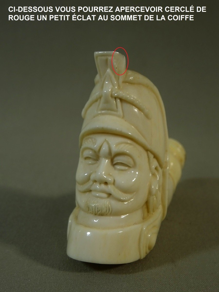 Fourneau De Pipe  Du XIX&egrave;me Si&egrave;cle En Ivoire Figurant Une T&ecirc;te De Soldat Hussard -photo-5