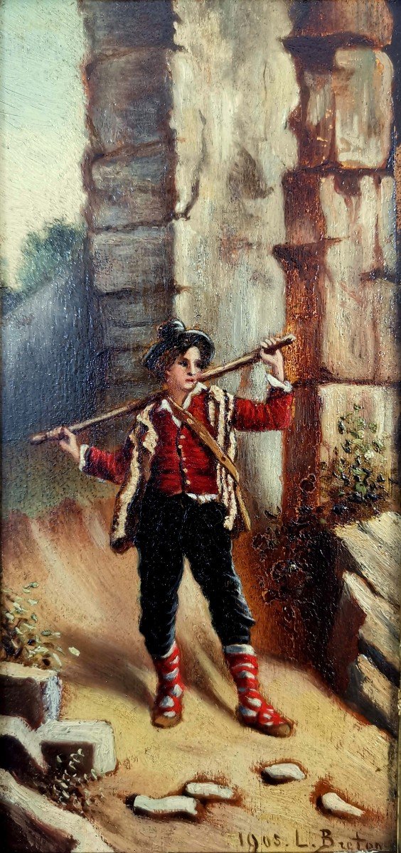 Old Hinge, Oil On Panel Figuring A Little Mountain Shepherd Or Shepherd, Signed L. Breton-photo-4