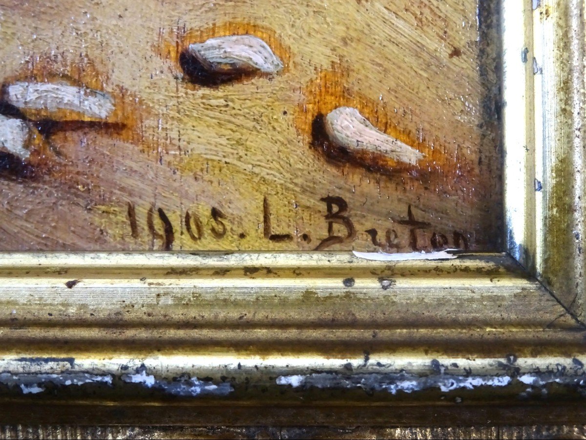 Old Hinge, Oil On Panel Figuring A Little Mountain Shepherd Or Shepherd, Signed L. Breton-photo-1