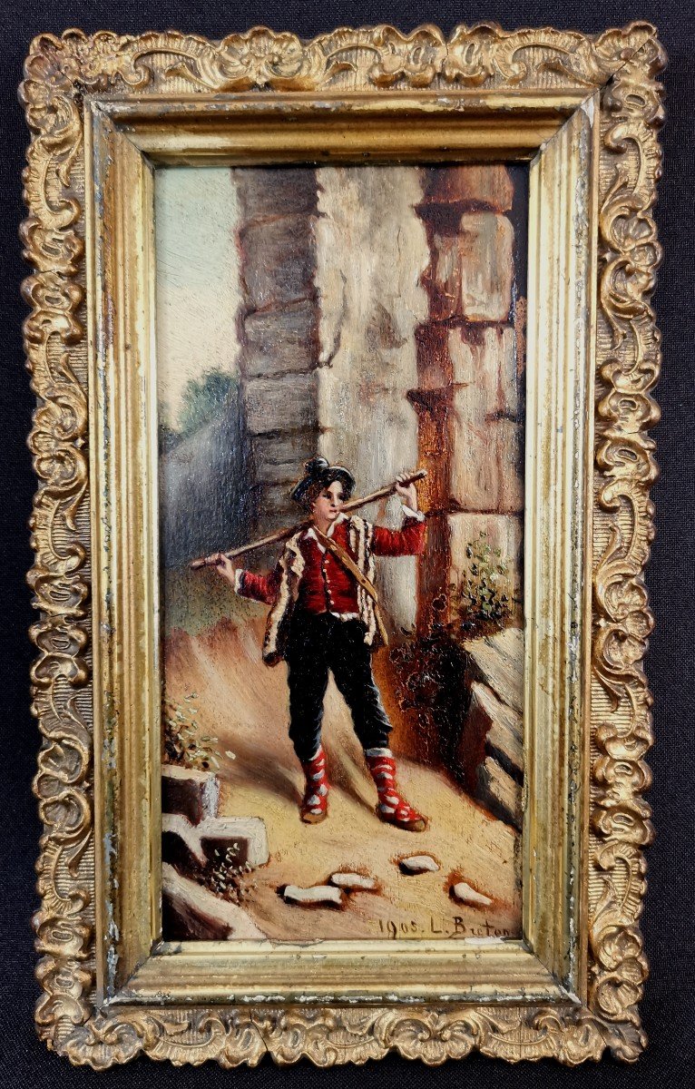 Old Hinge, Oil On Panel Figuring A Little Mountain Shepherd Or Shepherd, Signed L. Breton-photo-2