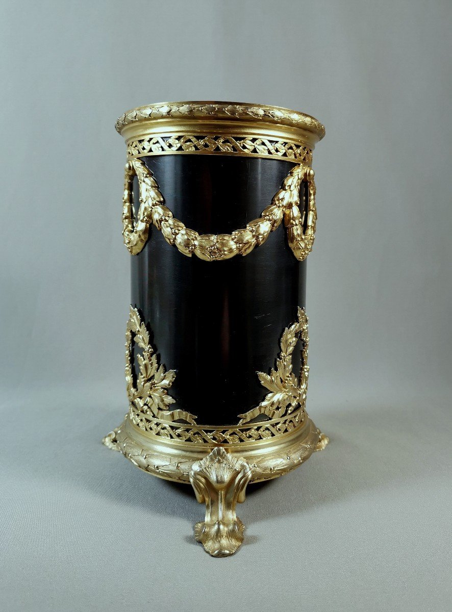 Goldsmith Boin Taburet Louis XVI Style Tubular Vase In Silver Vermeil & Iridescent Black Gunmetal Patina-photo-2