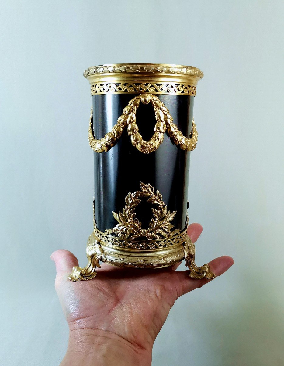 Goldsmith Boin Taburet Louis XVI Style Tubular Vase In Silver Vermeil & Iridescent Black Gunmetal Patina-photo-7