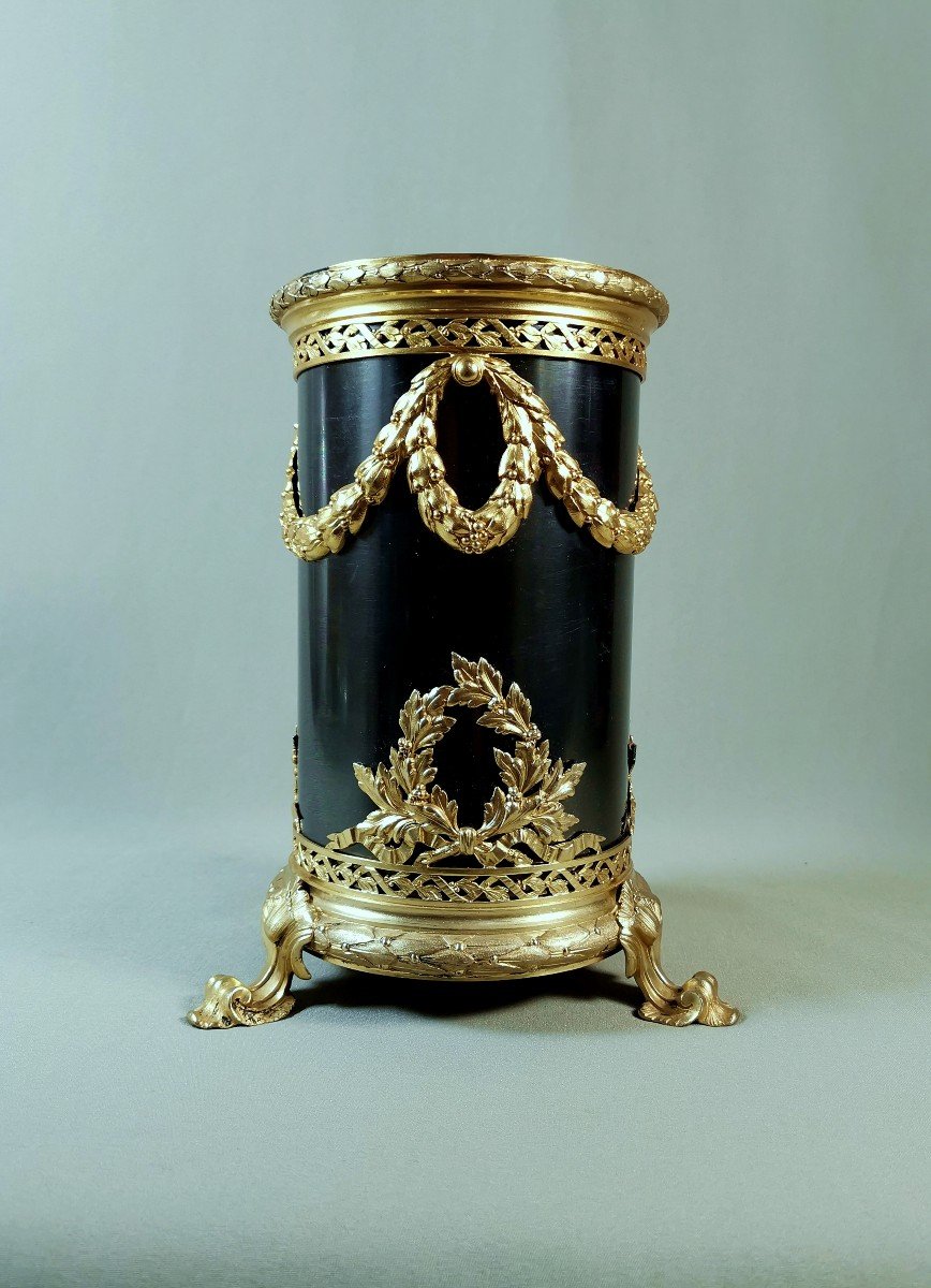 Goldsmith Boin Taburet Louis XVI Style Tubular Vase In Silver Vermeil & Iridescent Black Gunmetal Patina