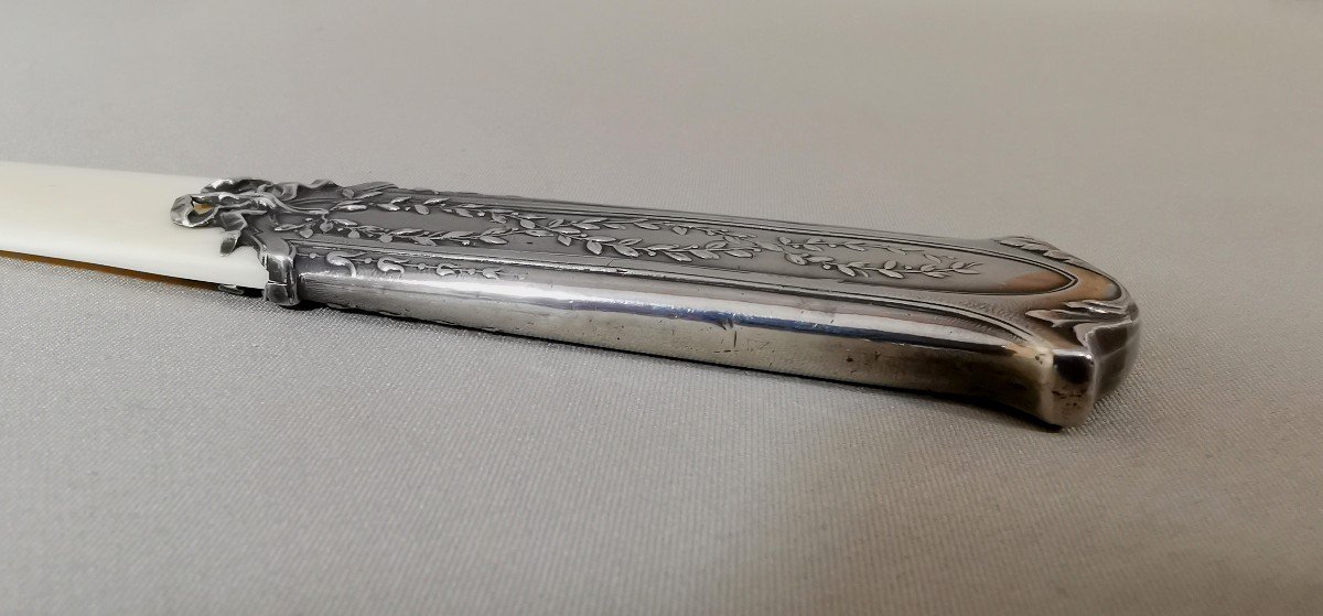 Ouvre Lettre ou Coupe Papier du XIXème Siècle en Argent & Ivoire, Style Louis XVI, Orfèvre Lefebvre Eugène-photo-5