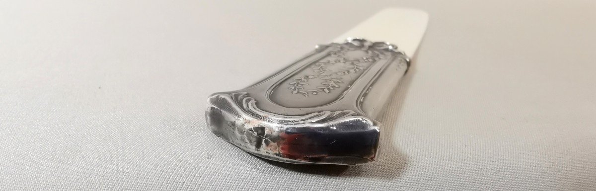 Ouvre Lettre ou Coupe Papier du XIXème Siècle en Argent & Ivoire, Style Louis XVI, Orfèvre Lefebvre Eugène-photo-6