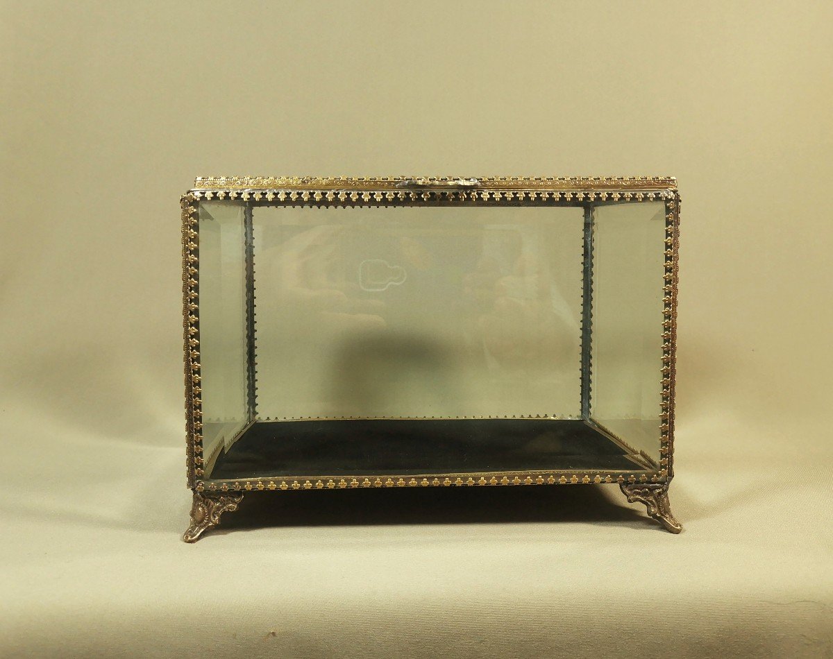Grand Coffret Ancien Du XIXème Siècle En Verre Taillé Et Laiton Ouvragé & Doré-photo-5