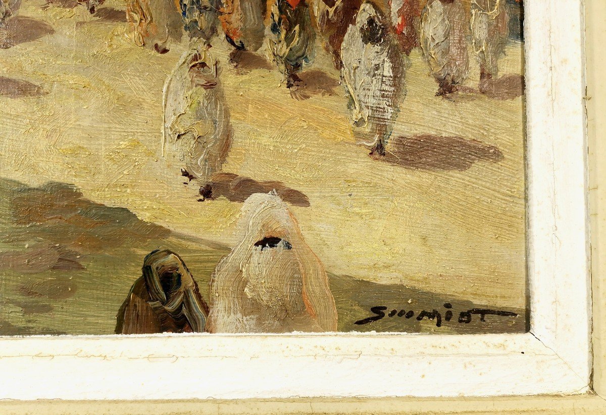 Orientalist Oil Painting By Painter Schmidt, Renowned For His Works On The Subject, Busy Street In Morocco-photo-2