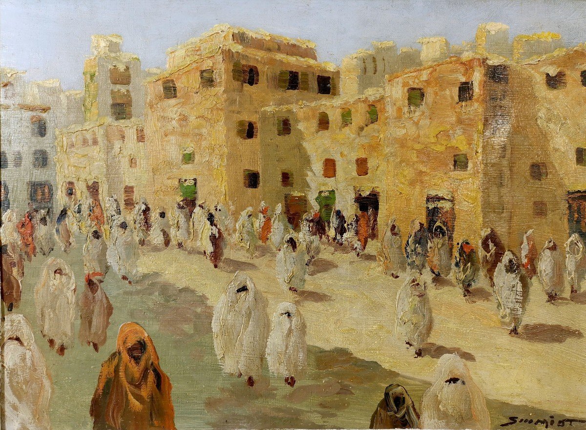 Orientalist Oil Painting By Painter Schmidt, Renowned For His Works On The Subject, Busy Street In Morocco-photo-3