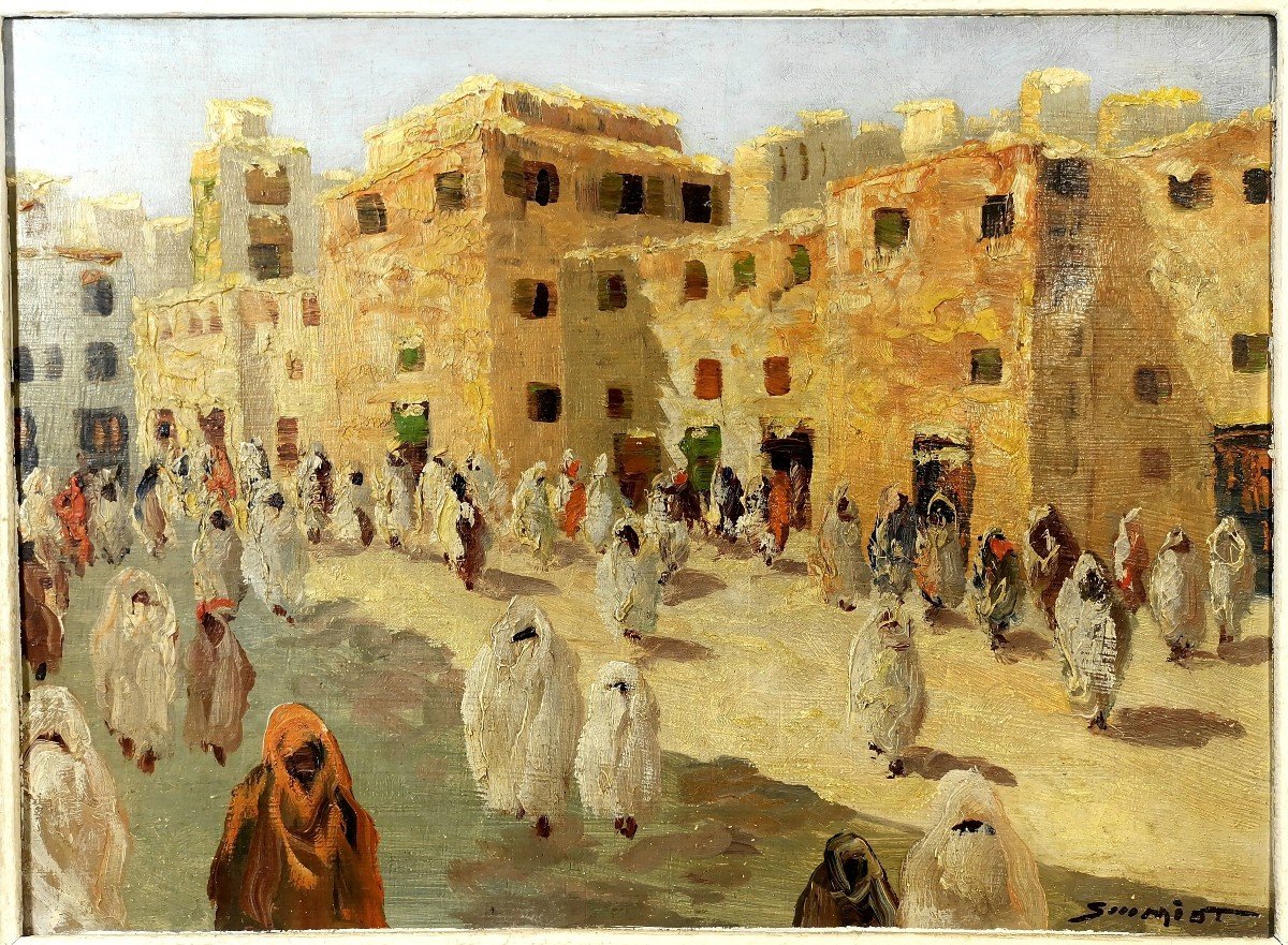 Orientalist Oil Painting By Painter Schmidt, Renowned For His Works On The Subject, Busy Street In Morocco-photo-4