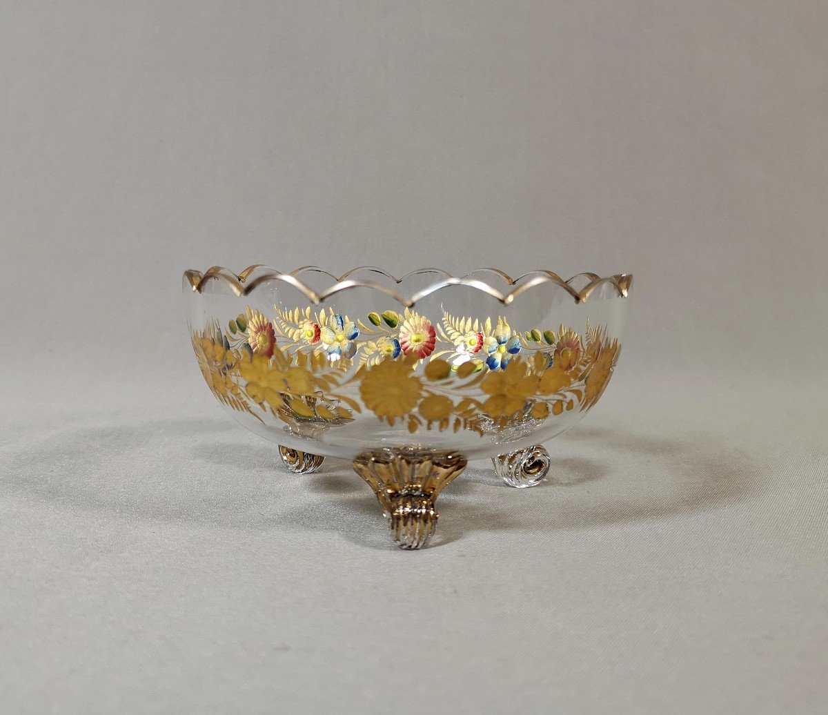 Baccarat, Coupe Tripode En Verre Taillé & Gravé, Guirlande Florale, Orné d'Or Et Polychromie-photo-3