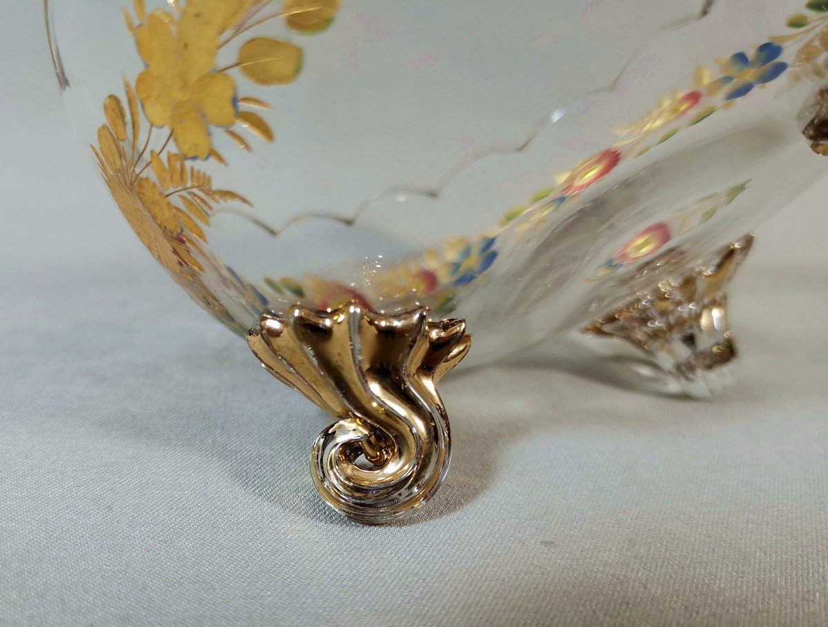 Baccarat, Coupe Tripode En Verre Taillé & Gravé, Guirlande Florale, Orné d'Or Et Polychromie-photo-5