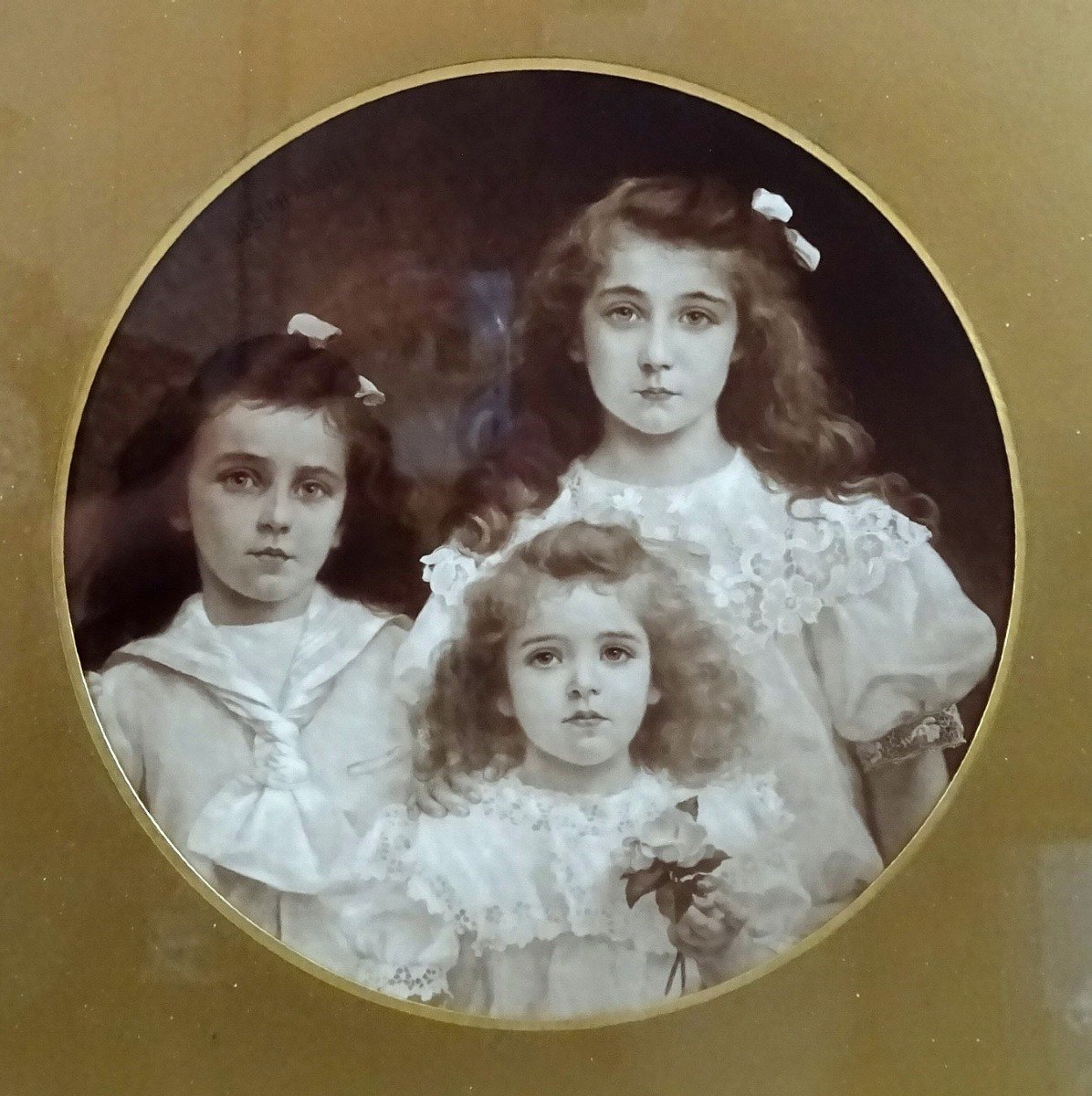 19th Century Frame, Wood And Stucco Gilded With Gold Leaf, Portrait Of Three Young Sisters-photo-3