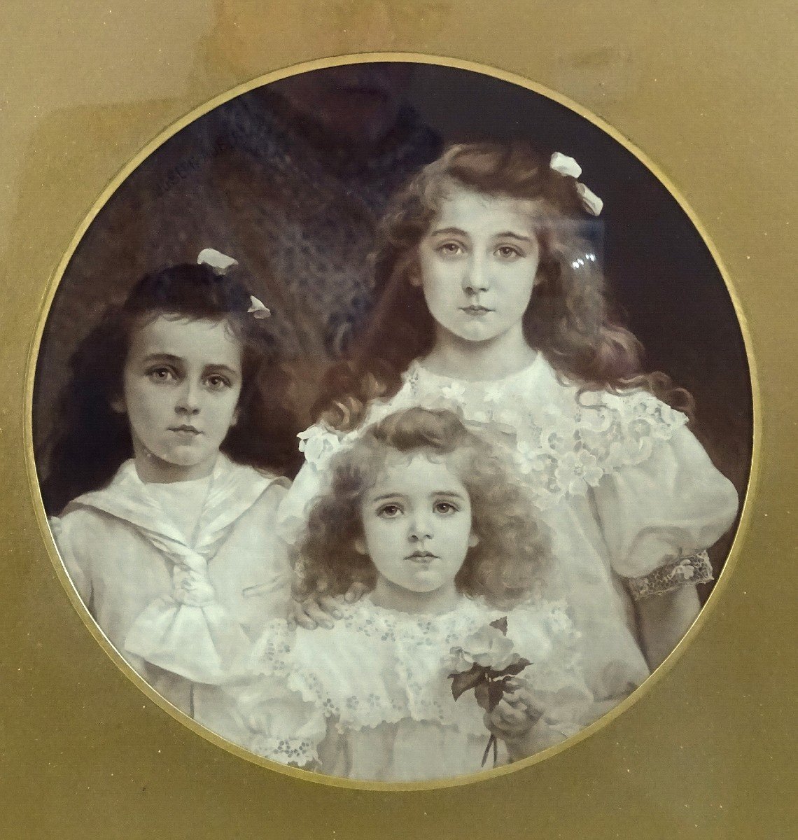 19th Century Frame, Wood And Stucco Gilded With Gold Leaf, Portrait Of Three Young Sisters-photo-2