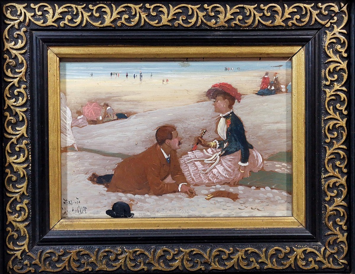 Small Painting From The 19th Century, Oil S/panel, Le Tréport Seaside, Elegant On The Beach-photo-3